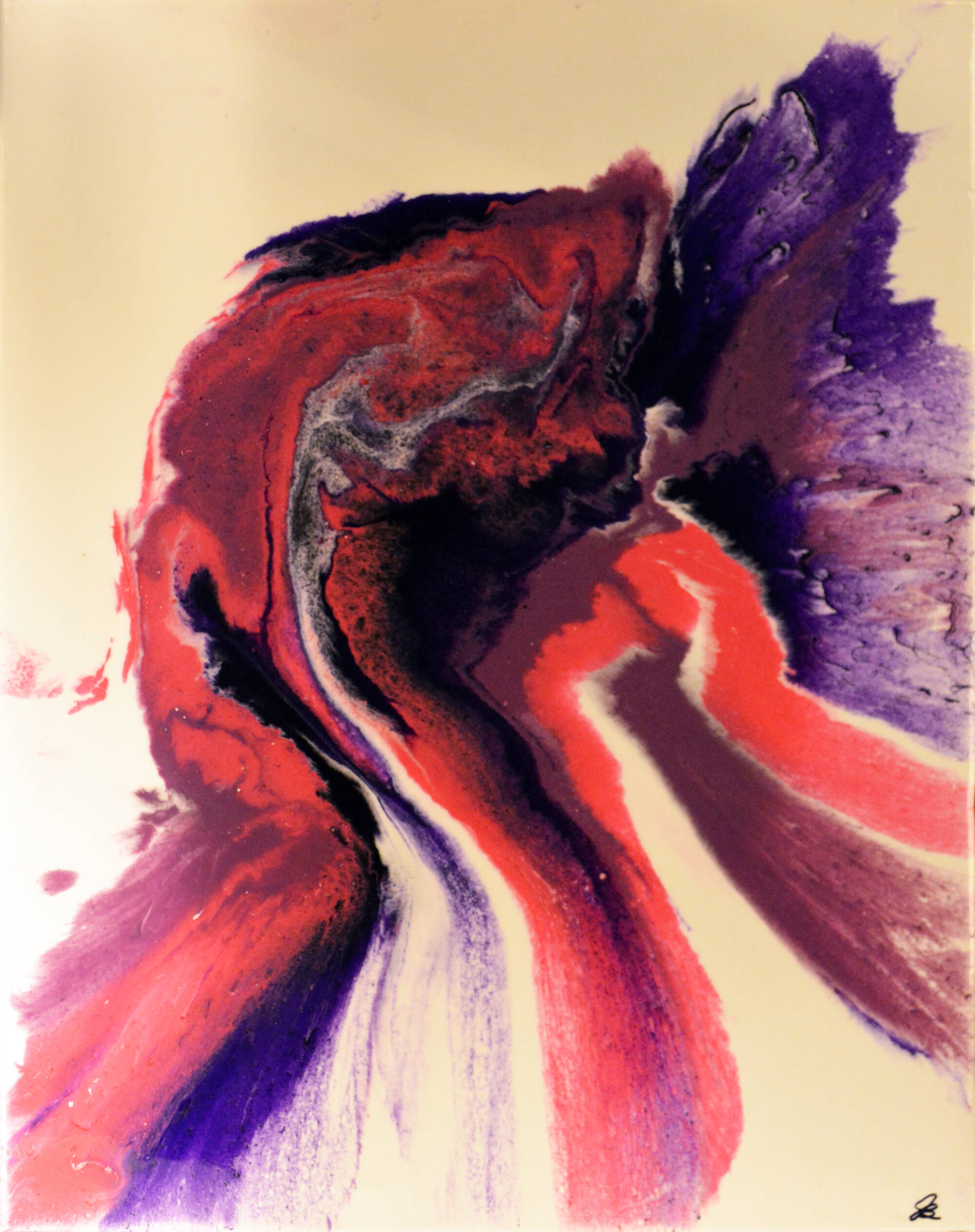 Resin and acrylic painting in purples, pink and white.